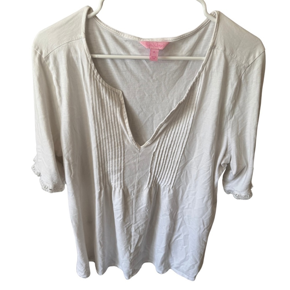 Lilly Pulitzer Top Women’s Size XL white Pima Cotton Short Sleeve Pintuck